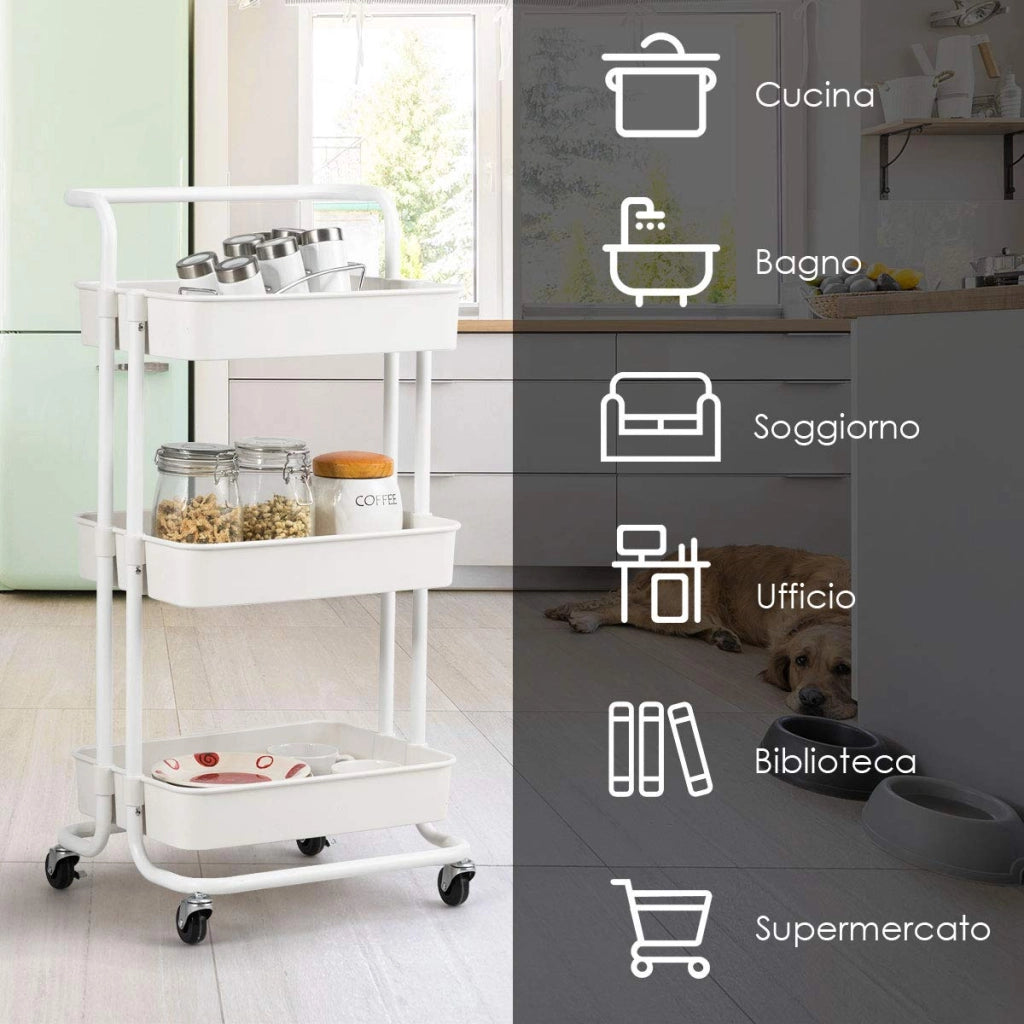 Carrello con 3 cesti e Maniglia, Carrello Multifunzione con Ruote, 87 x 35 x 42 cm，Nero/Bianco (Bianco)