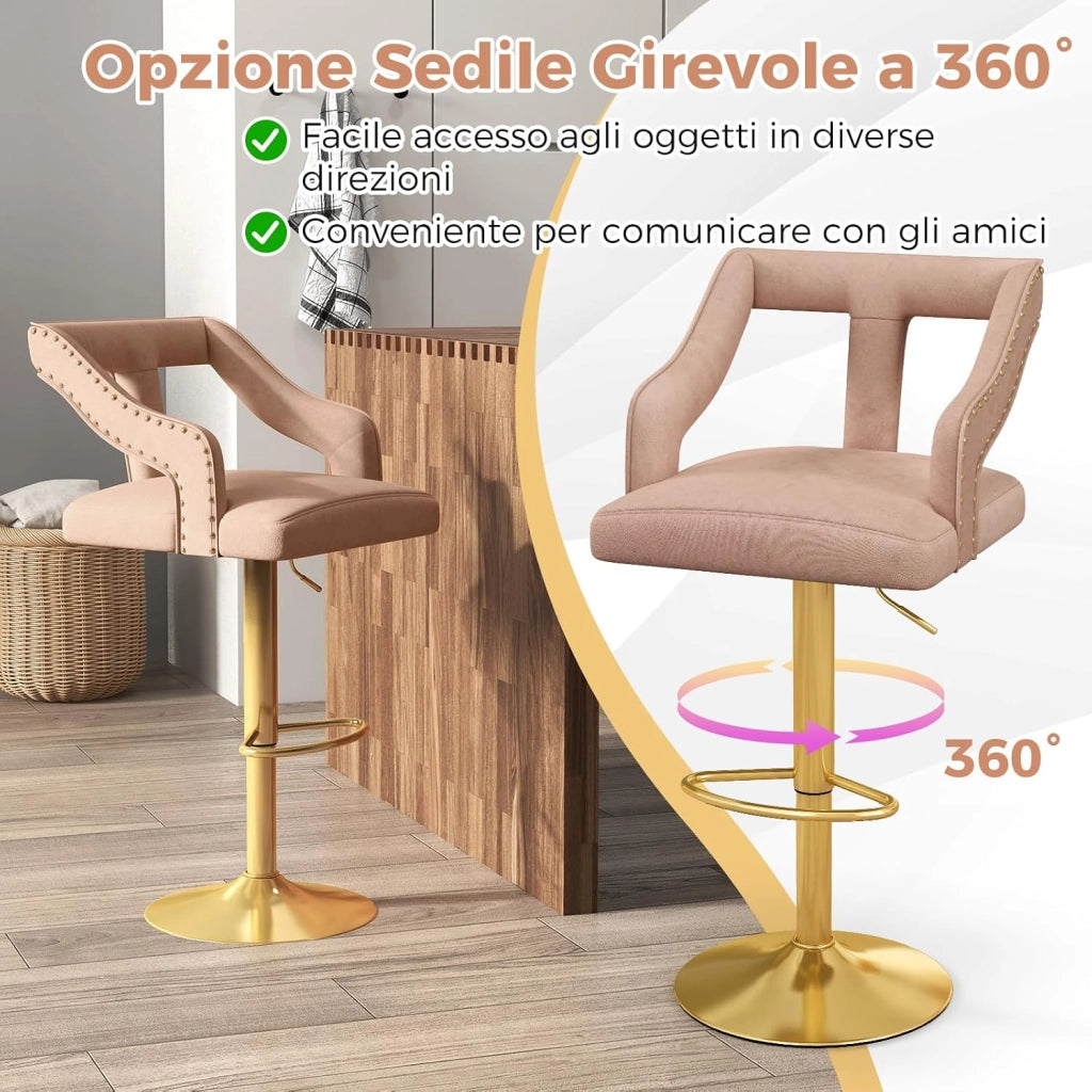 Set 2 Sgabelli da Bar in Velluto, Sedie Girevole e Regolabile con Poggiapiedi, Schienali in Forma a T, Braccioli, Base in Metallo Elettroplaccata per Cucina ad Isola e Sala da Pranzo (Rosa)