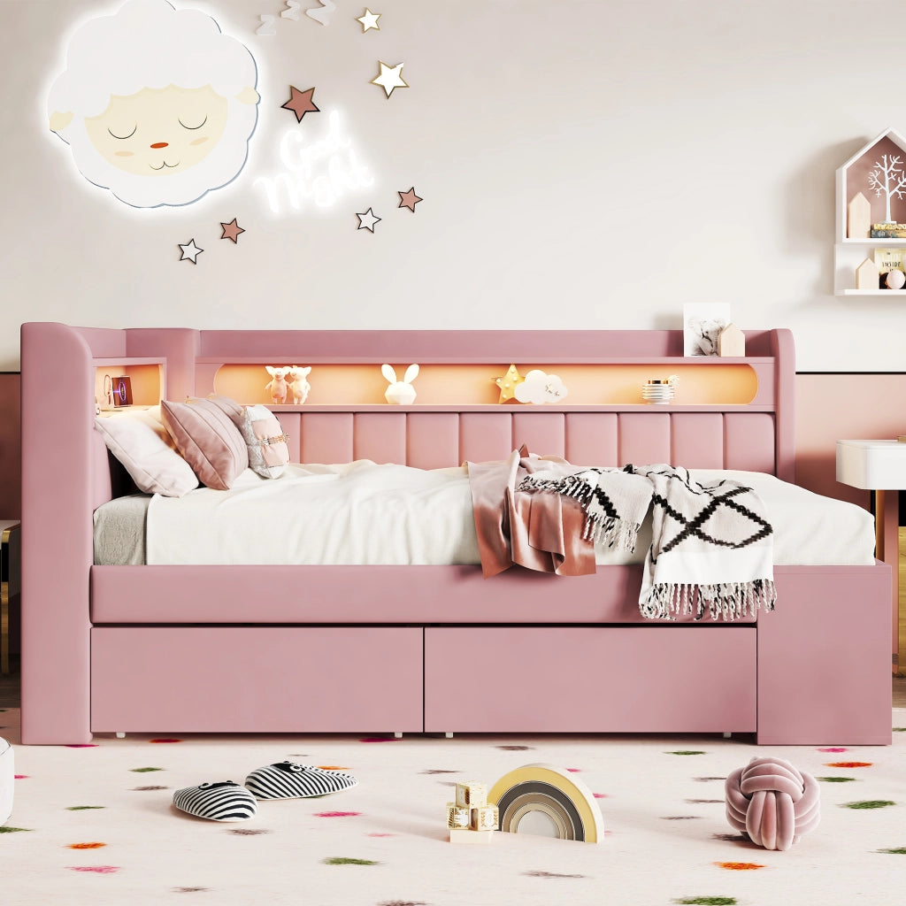 Letto imbottito con luce a led e porta usb, 2 cassetti e scarpiera, in mdf e compensato, rosa, 90 × 200 cm