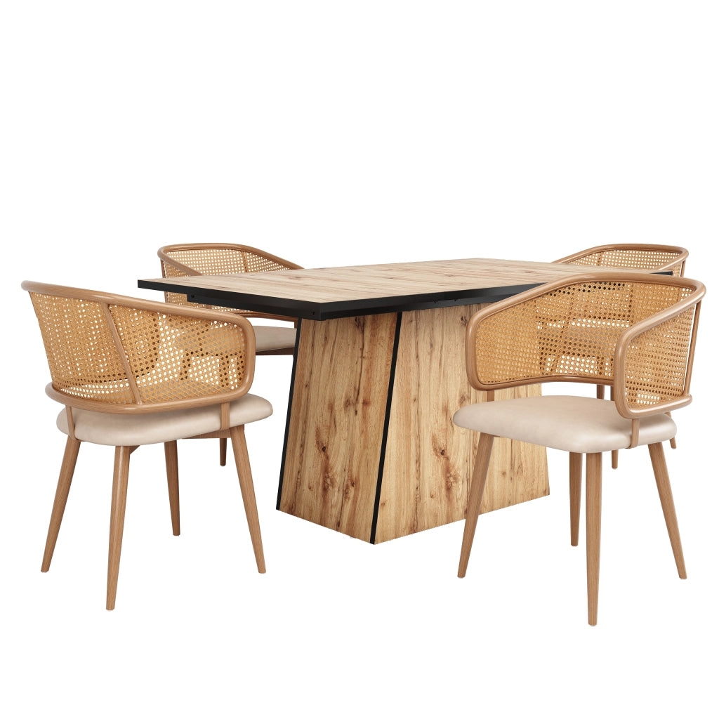 Set di 2 sedie da pranzo con schienale in rattan e seduta in PU beige e marrone