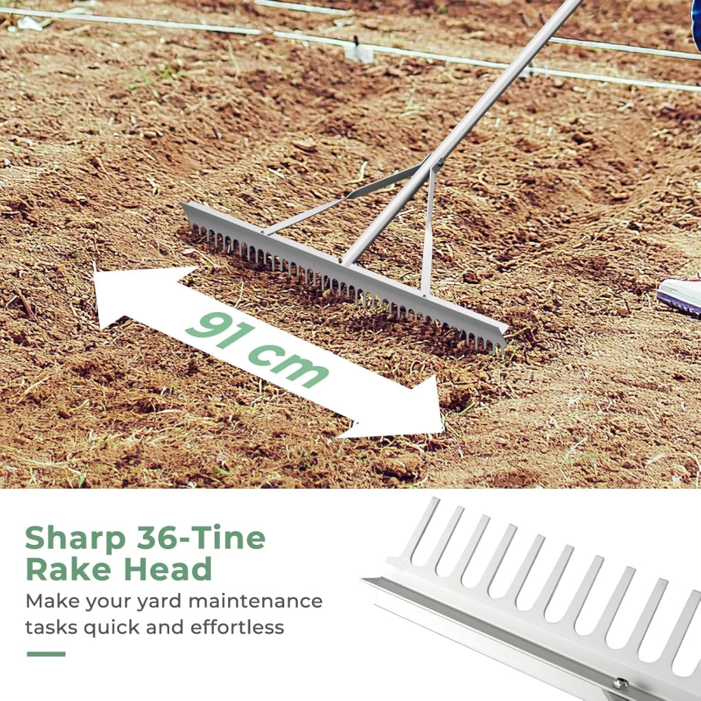 Rastrello da Giardino in Alluminio con Manico Lungo 174 cm, Rastrello da Prato Largo 91 cm con 36 Denti Rigido per Paesaggio, Ideale per Foglie, Erbacce, Terreno e Detriti (Stile B)