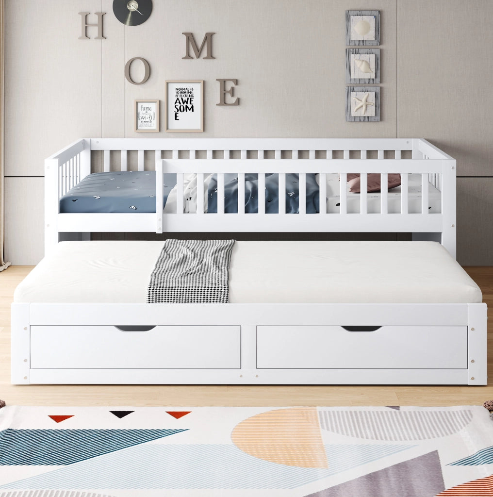 Letto multifunzione 90x200 cm con letto estraibile; 2 cassetti e rete a doghe; bianco