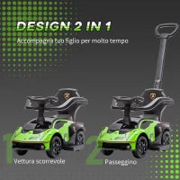 Lamborghini Macchinina per Bambini 2 in 1 con Maniglione e Barriera di Sicurezza, Volante e Clacson, Auto per Bambini in PP e Metallo, 86.5x40x89.5 cm, Verde e Nero