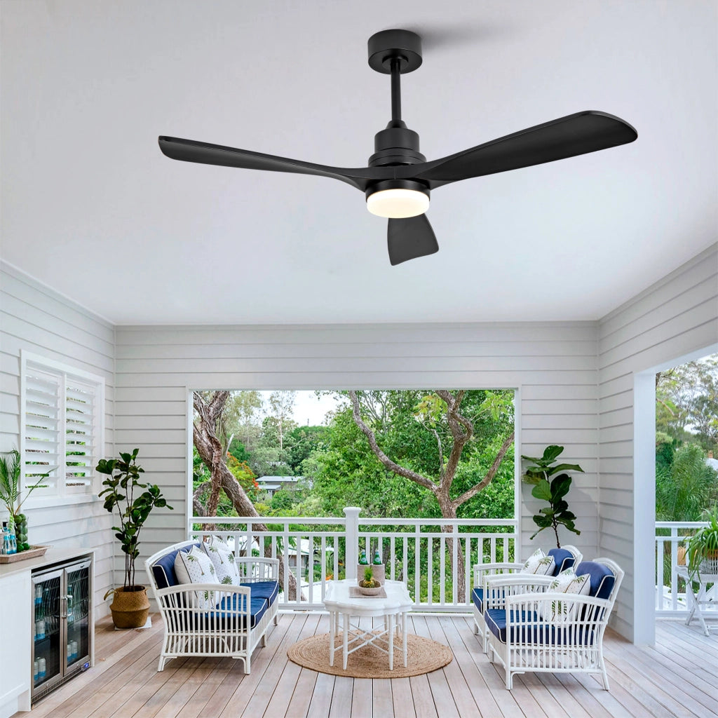 Ventilatore da soffitto in legno massello 52 pollici, 3 pale a spirale completamente nere, motore DC reversibile silenzioso, design moderno