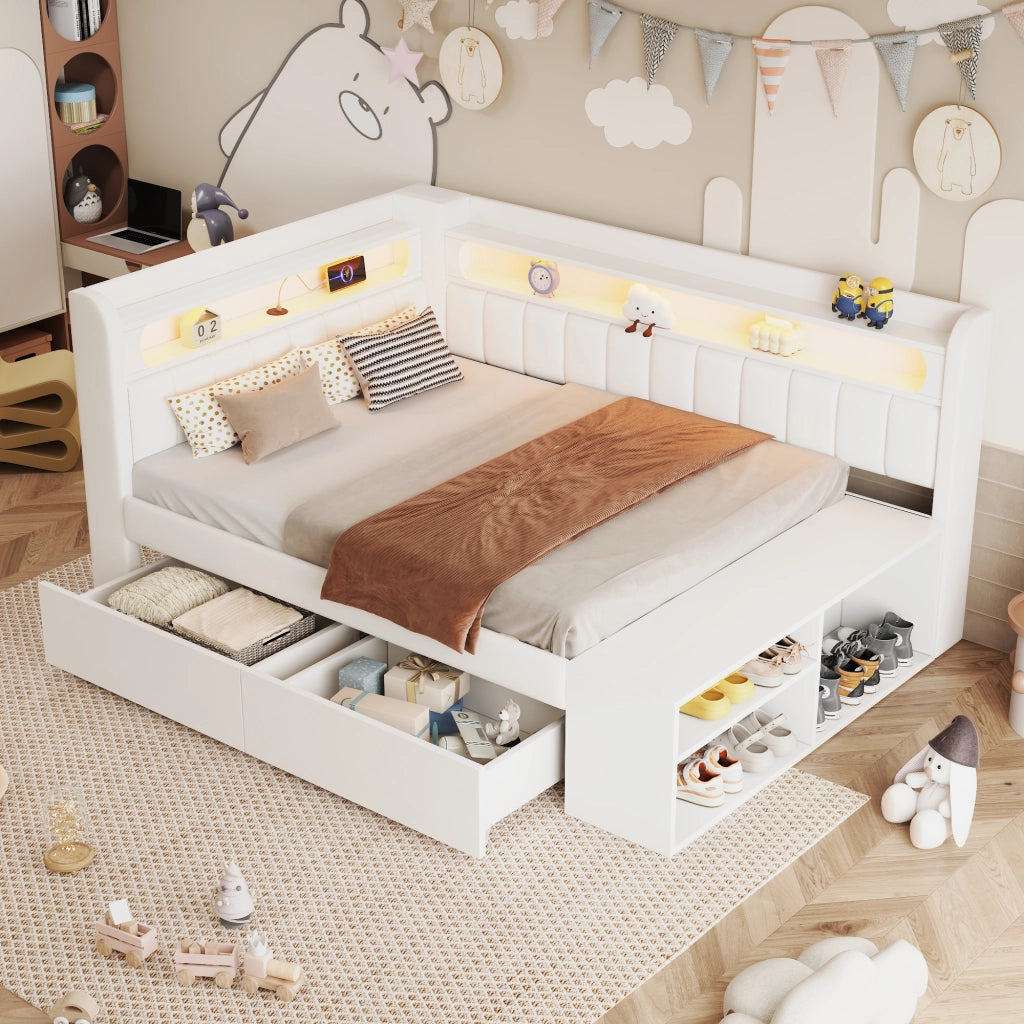 Letto Contenitore Letto Singolo 90x200 cm; USB; LED; 2 Cassetti; in MDF; Bianco
