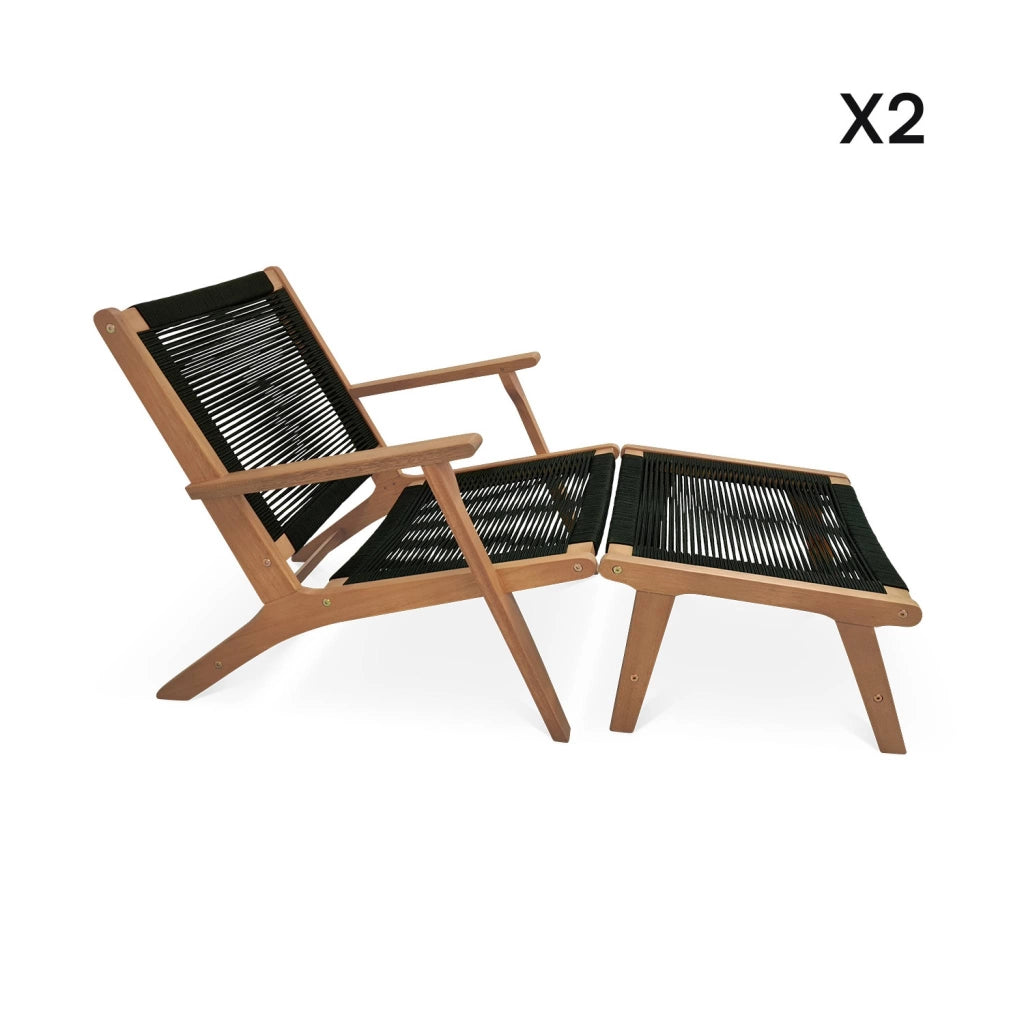 Set 2 lettini prendisole in legno e corda con poggiapiedi, nero