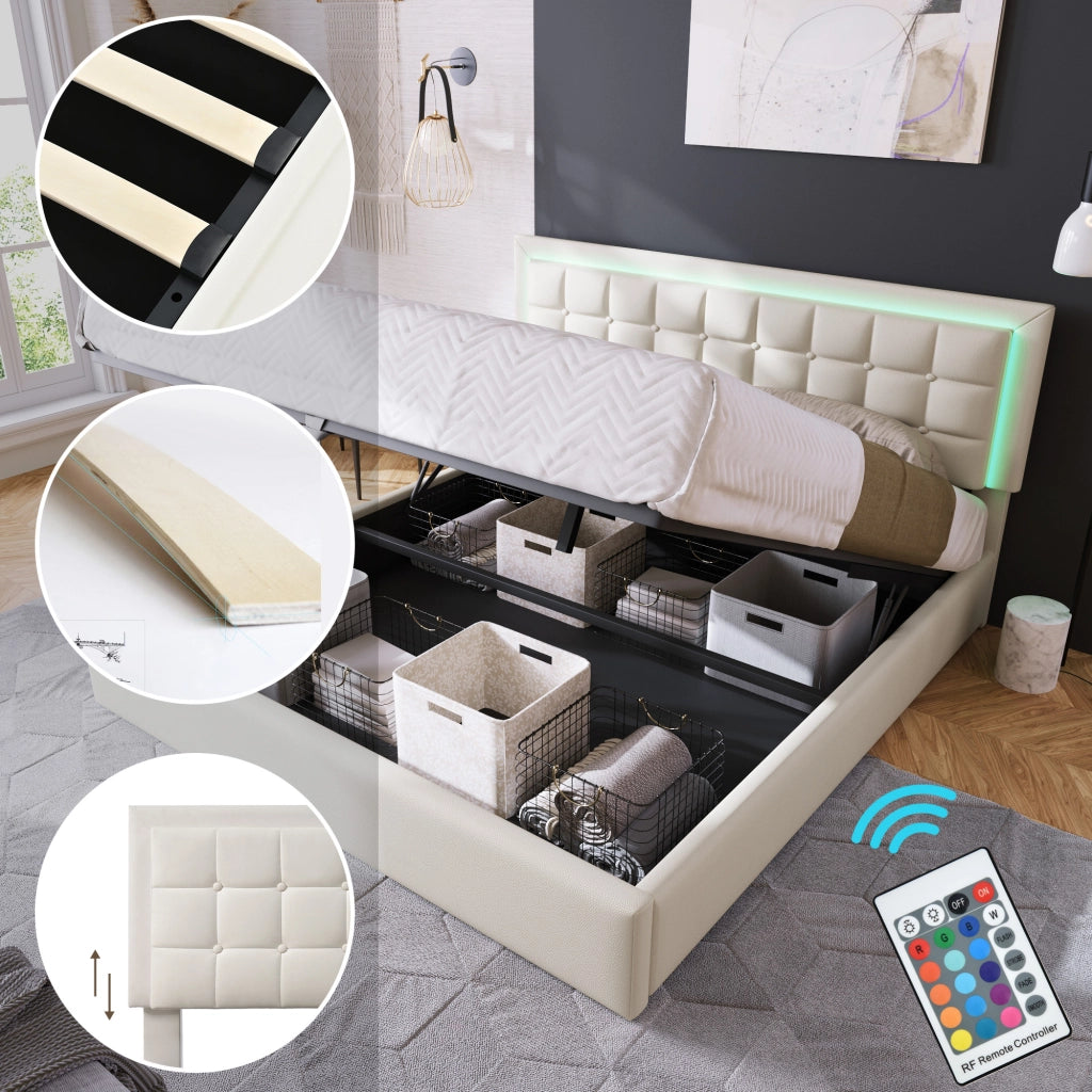 Letto imbottito in PU bianco con LED e contenitore, 180x200 cm