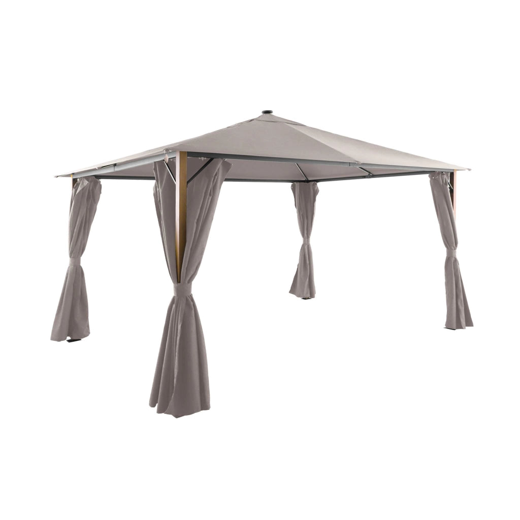 Gazebo da giardino 3x4m in alluminio effetto legno con tende e led,