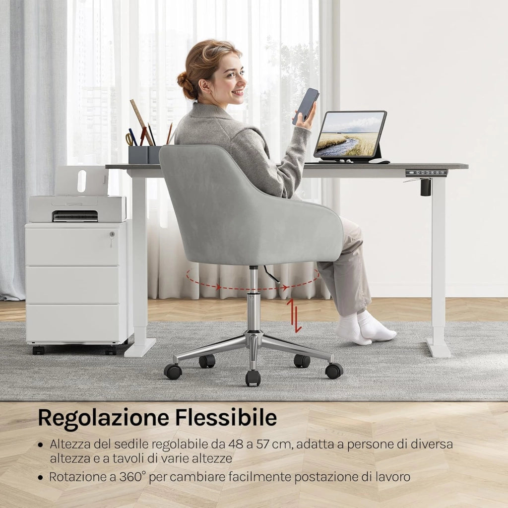 Sedia Ufficio in Velluto con Braccioli e Rotelle, Poltroncina Regolabile in Altezza Girevole, Sedia da Trucco, Grigio Chiaro, BS145hgr