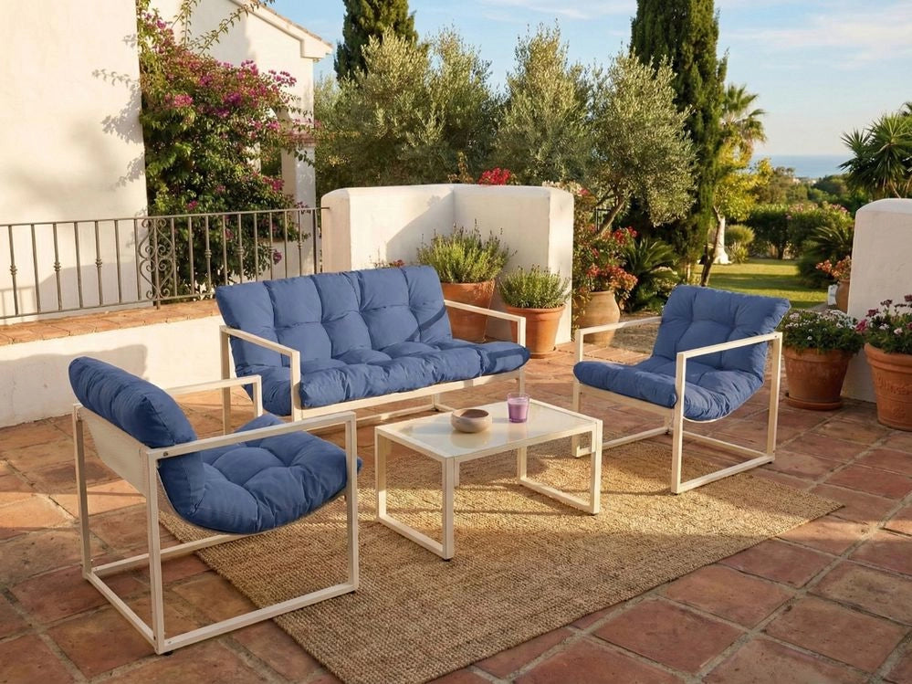 Set da giardino moderno a 4 posti in acciaio zincato con cuscini blu esterno elegante