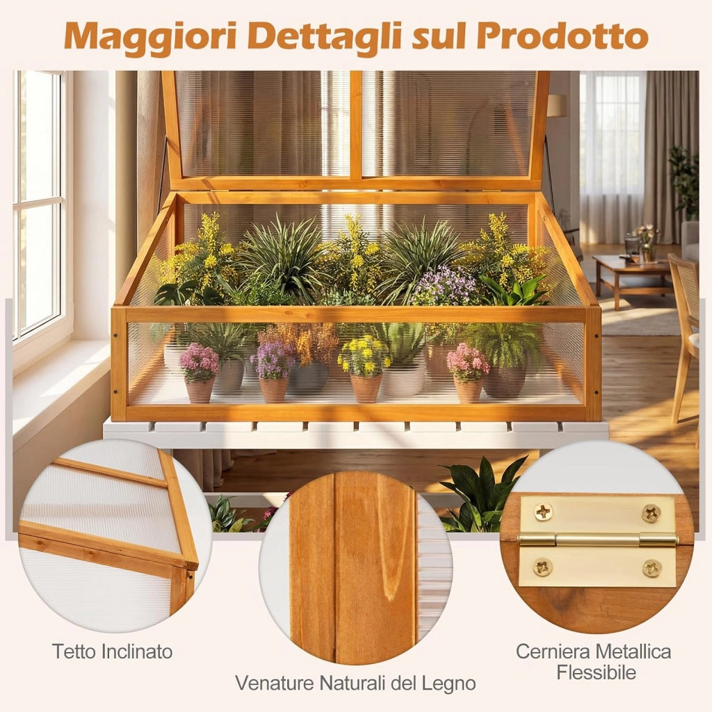 Serra in Legno, Mini Serra con Tetto Trasparente Apribile, Letto Rialzato da Interno ed Esterno per Balcone, Giardino e Veranda (Arancione)