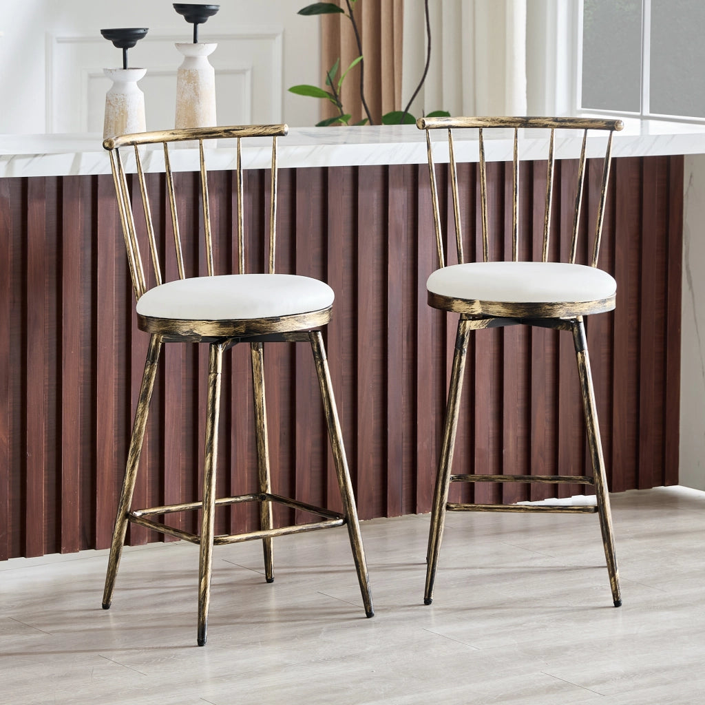 Sgabello da bar con schienale Windsor in metallo e seduta imbottita in PU marrone e bianco 73 × 45,5 × 45 cm
