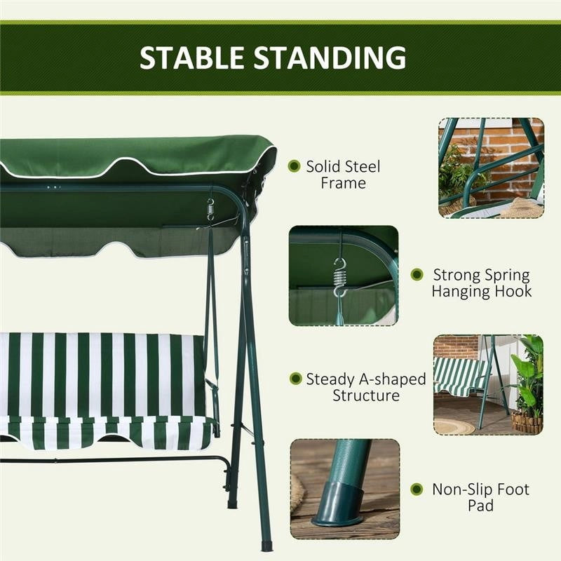 DONDOLO DA GIARDINO 3 POSTI IN ACCIAIO E TESLIN CON TETTO PARASOLE, 172X110X153 CM, BIANCO E VERDE