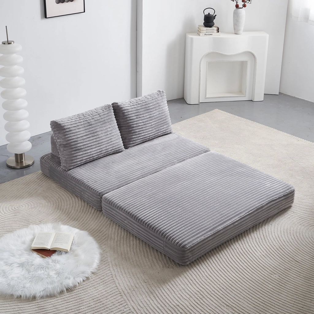 Divano letto multifunzionale in tessuto con schienali removibili e texture effetto velluto, grigio chiaro