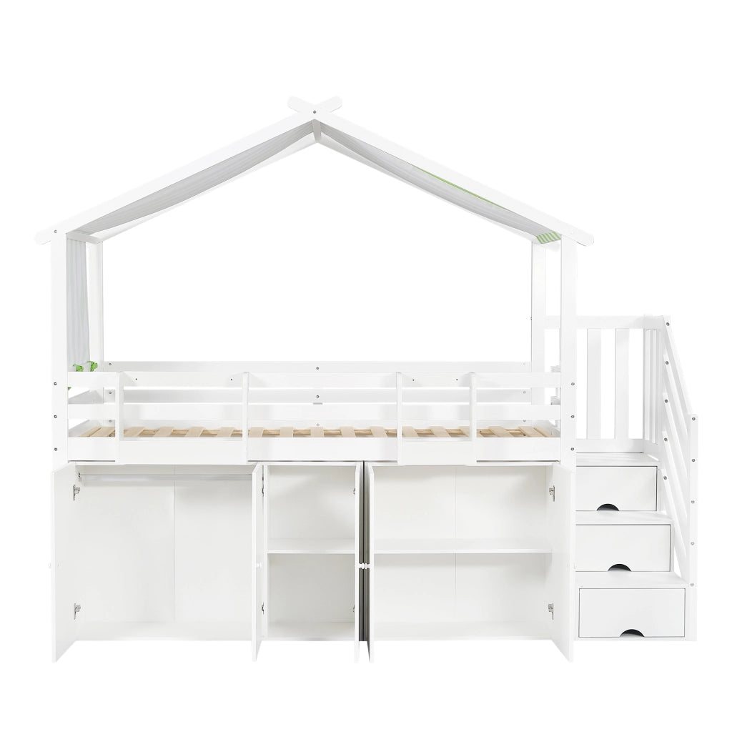 Letto a castello per bambini - Zephmum - Con protezioni, armadio, cassetti, tessuto a righe, bianco+verde, 90x200cm