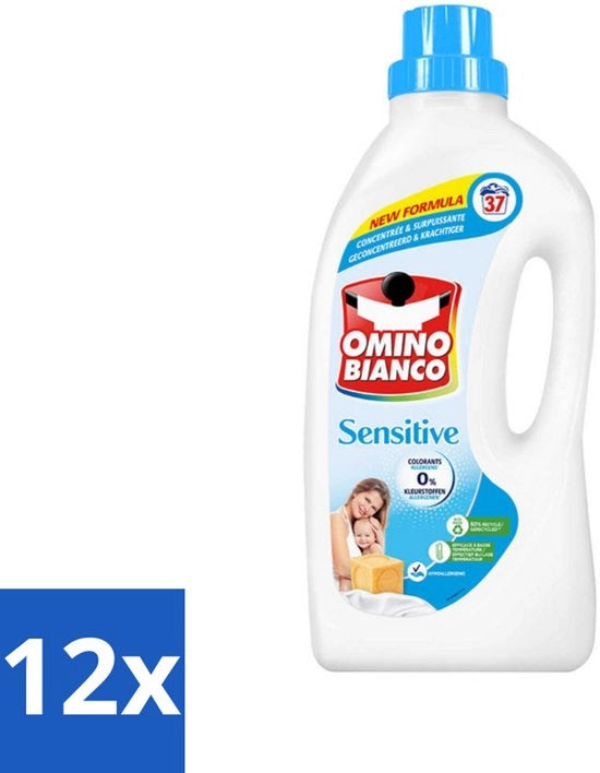 12 x Detersivo Bianco - Sensibile - Detersivo per Lenzuola - Bianco e Colorati - 37 Cicli - Detersivo - Pelle Sensibile - Ipoadatto - Senza Allergeni - Senza Coloranti