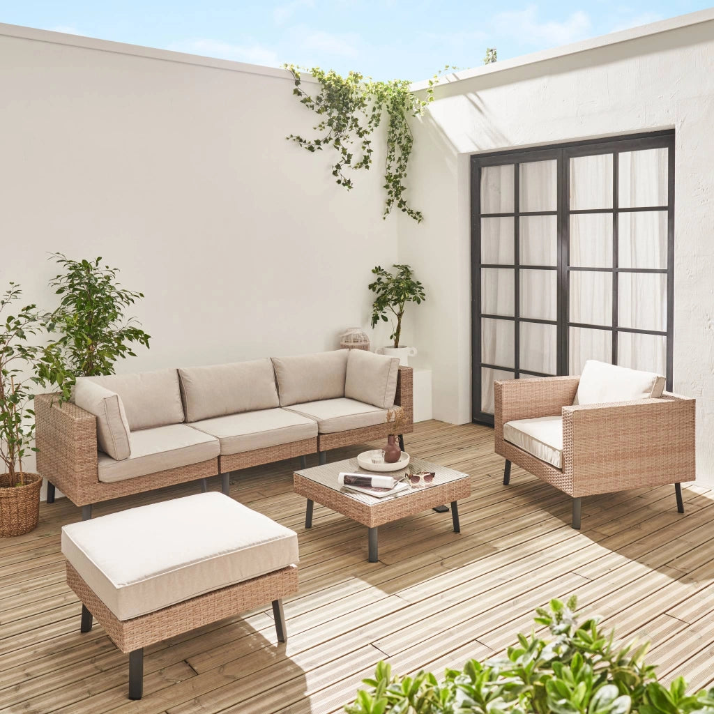 Salotto da giardino in resina intrecciata piatta, 5 posti, beige