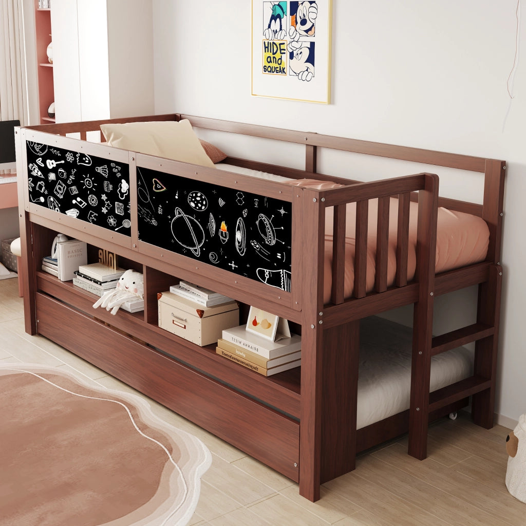 LETTO per bambini 90x200 cm con letto estraibile lavagna e vano a giorno marrone