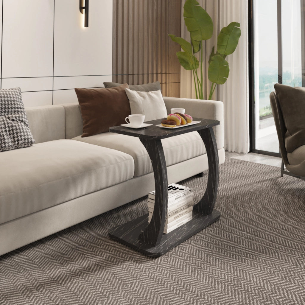 Tavolino Laterale Stattela a Forma di C con Rotelle 59 x 35 x 56 cm - Effetto Marmo Nero [en.casa]