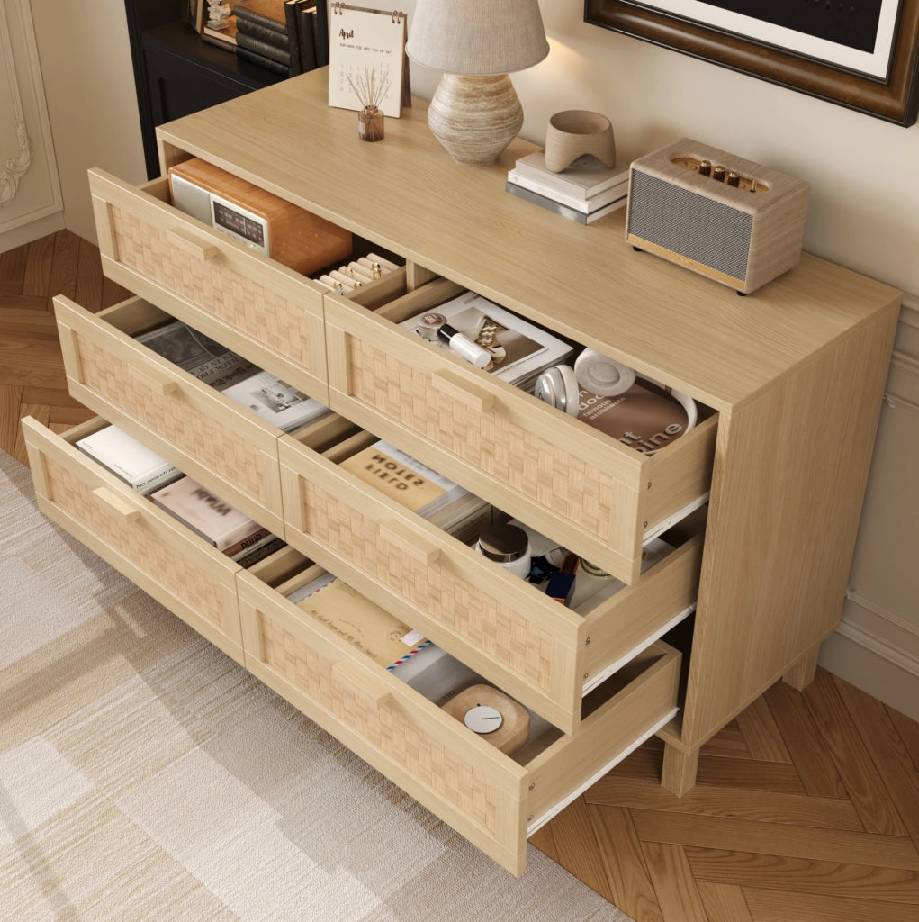 Credenza con 6 cassetti in truciolare effetto legno naturale; 120x75x40 cm