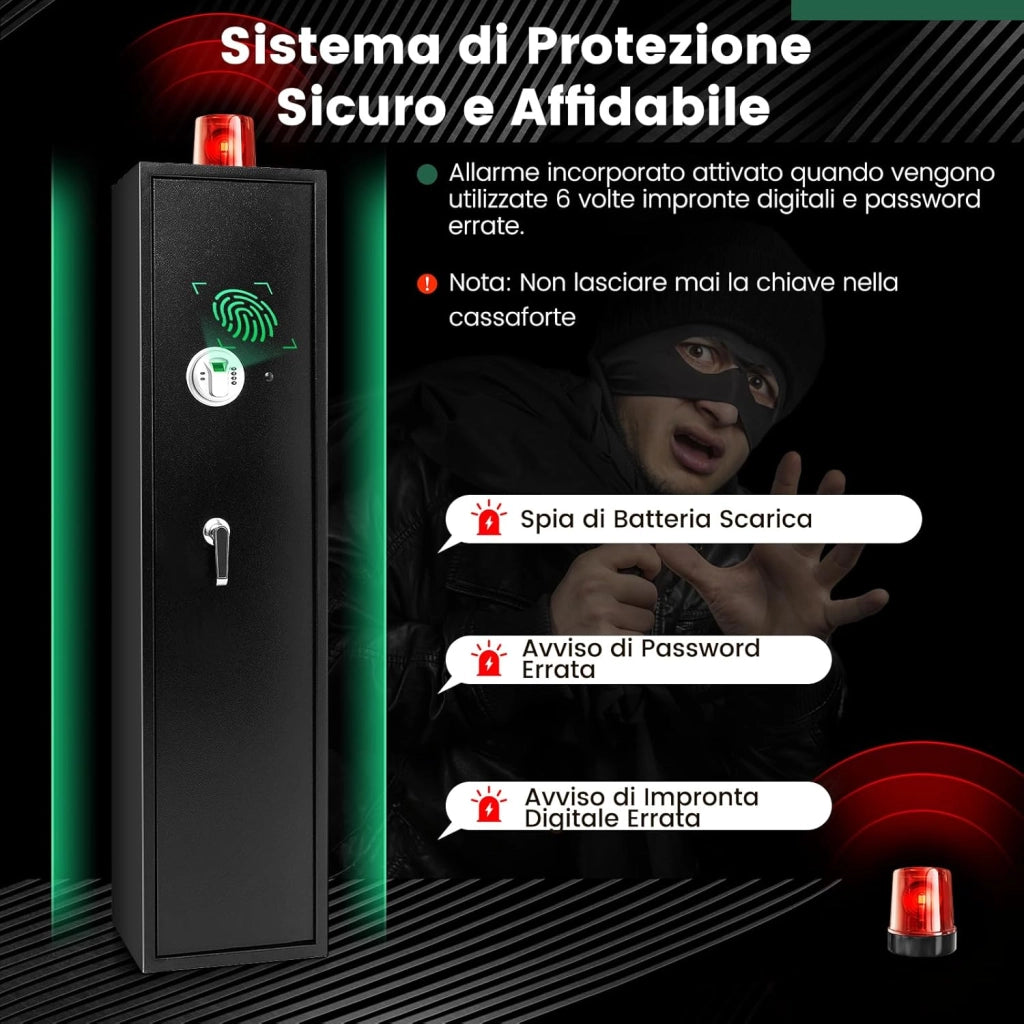 Cassaforte per 5 Fucili e Pistole Domestiche, Armadio per Armi Lunghe Pesante con Serratura Biometrica Impronta Digitale, Tastierino Digitale e Chiavi Emergenza, Tasca di Stoccaggio Integrata