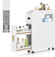 Credenza da Bagno Piccolo, Mobile Salvaspazio Stretto e Slim con Cassetto Scorrevole, Porta Fazzoletti, Portascopino e Ruote Bloccabile, Armadietto per Spazi Ridotti (Bianco)
