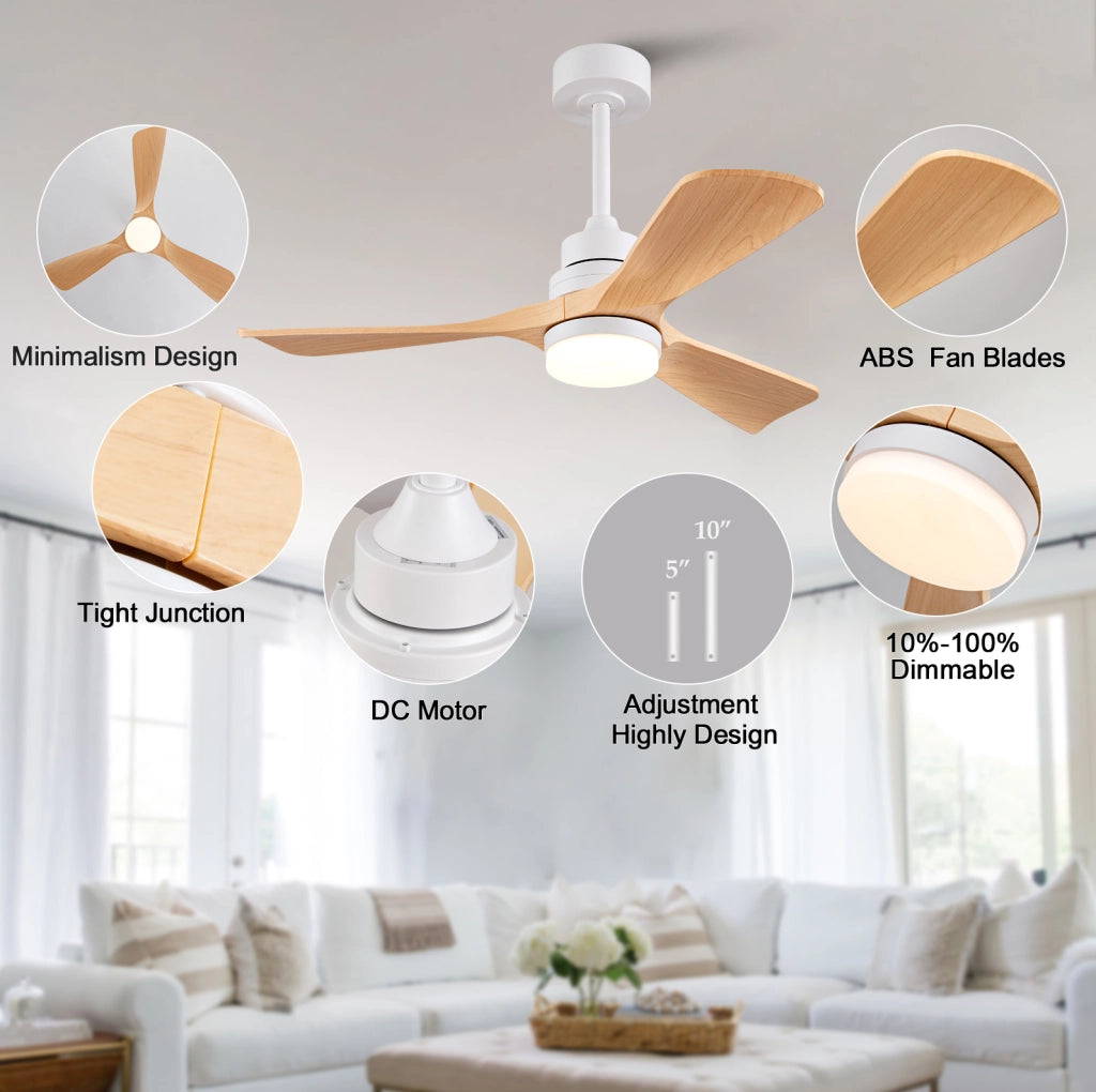 Ventilatore da soffitto 42 pollici con luce LED; 3 pale in ABS bianco e naturale; telecomando