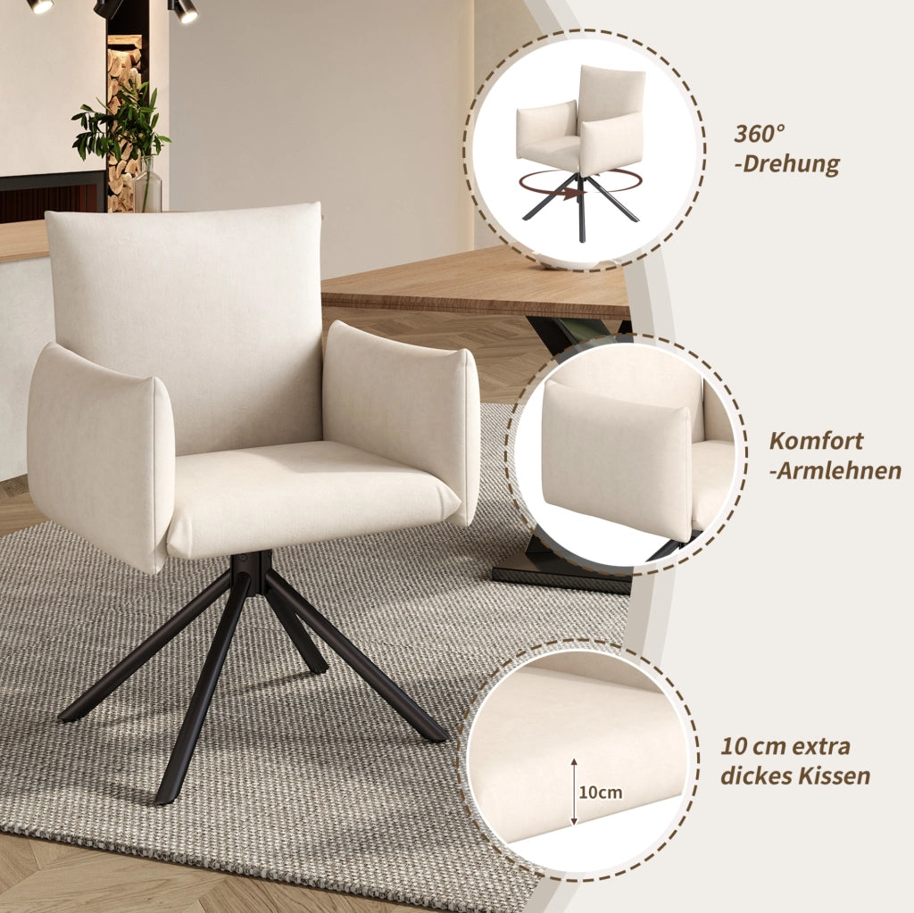 Set di 6 sedie girevoli in velluto beige con braccioli
