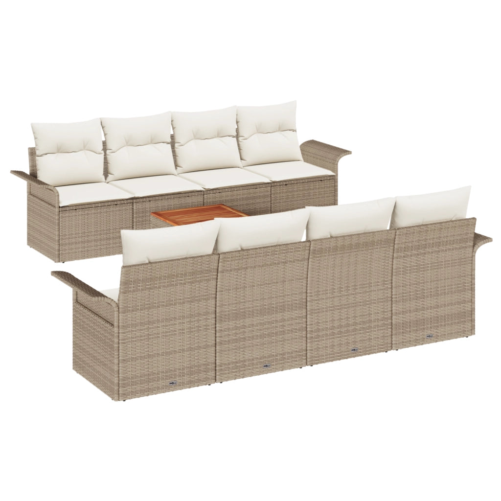 Set Divano da Giardino  9 Pezzi con Cuscini Beige Polyrattan Acacia