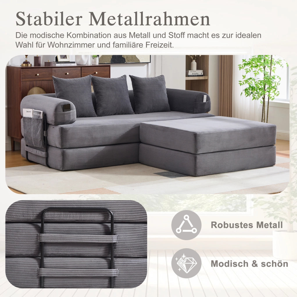 Divano modulare in velluto a coste con pouf grigio scuro