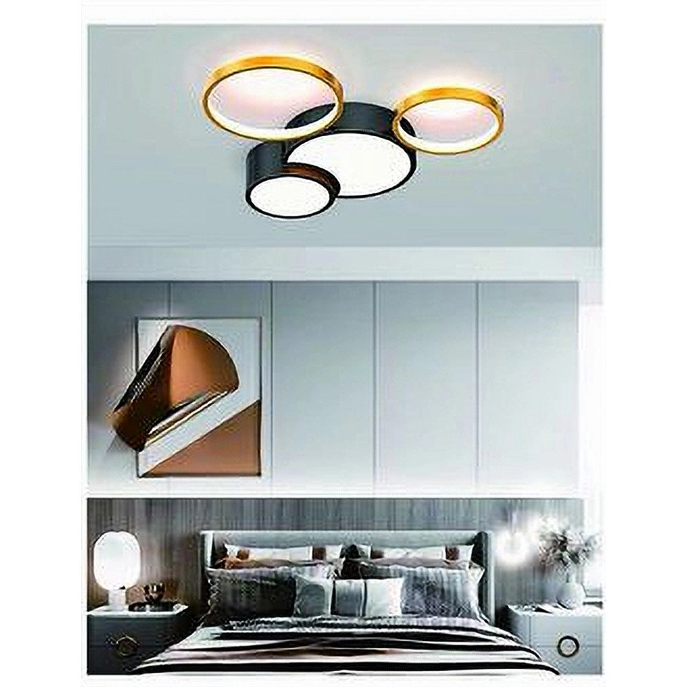 Trade Shop - Plafoniera Led 36w 4 Cerchi Oro Nero Lampada Da Soffitto Moderno Luce 6500k 70968 -
