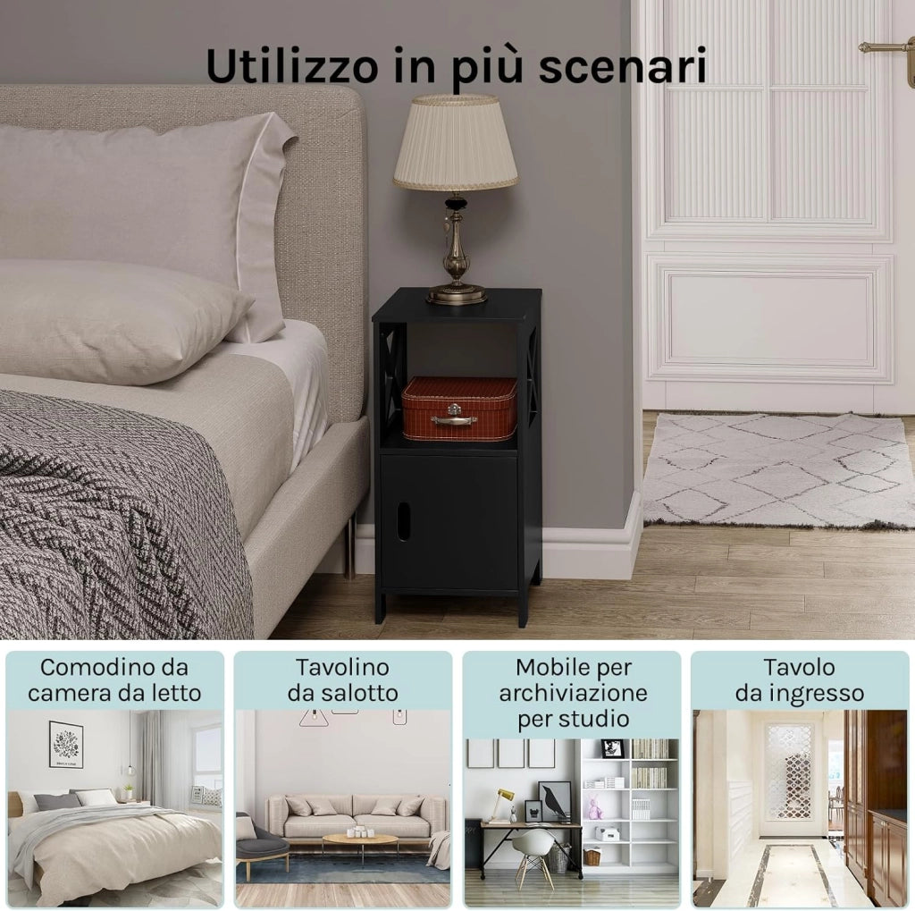 Comodino per Camera da Letto Stretto, Set di 2, Tavolino da Salotto, Nero, Piccolo, con 1 Vano Aperto e 1 Vano Nascosto, per Cameretta e Soggiorno, MDF, 30x30x60cm