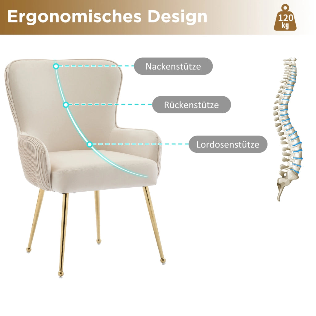 Sedia da pranzo in velluto con braccioli e supporto lombare set da 6 con gambe in metallo e piedini regolabili beige e oro
