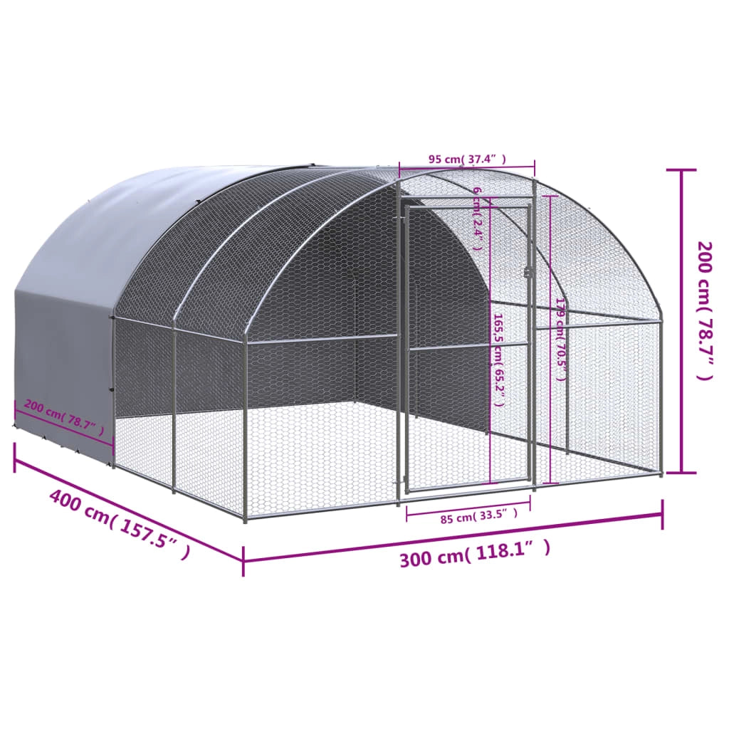 Pollaio/recinto/gabbia per polli da esterno 3 x 4 x 2 m acciaio zincato argento 02_0044012