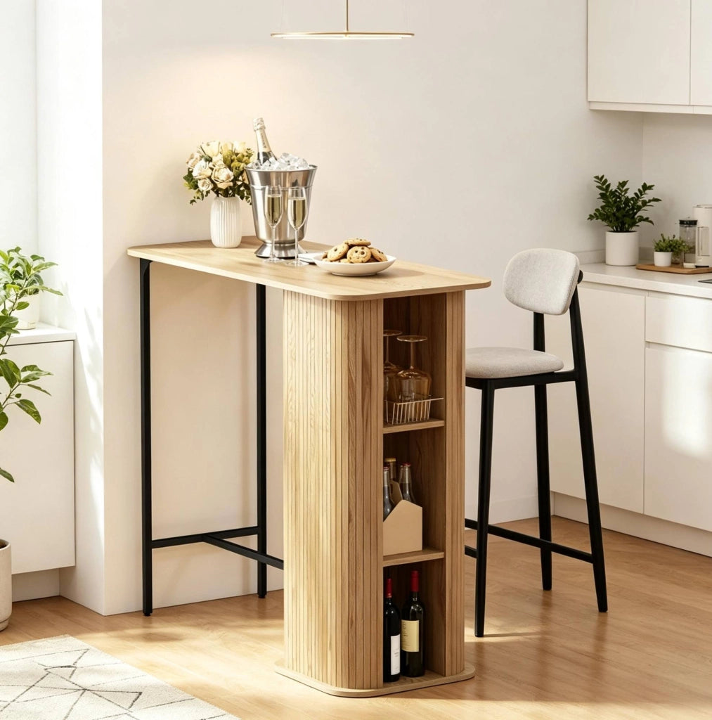Tavolo bar effetto rovere con ripiani laterali e piedini regolabili