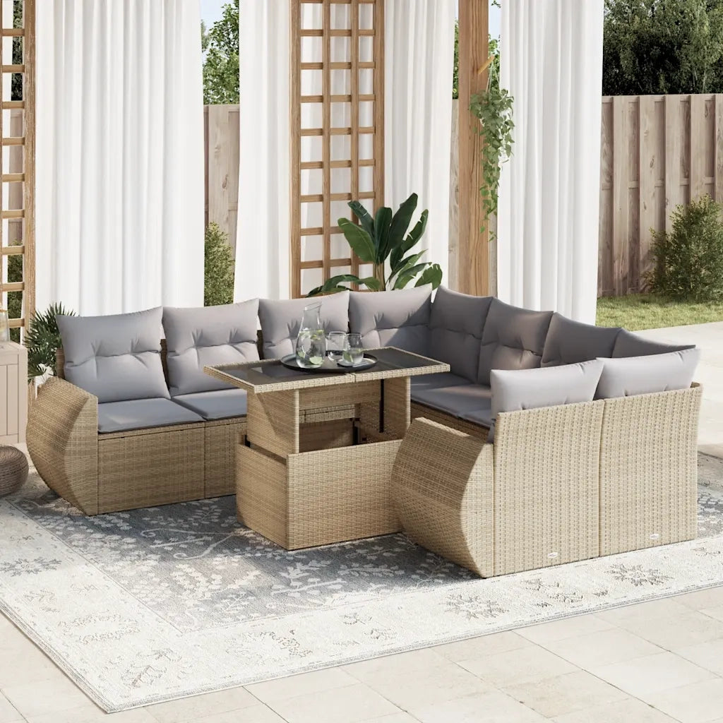 Set Divano da Giardino 9 pz con Cuscini Beige in Polyrattan 3326610