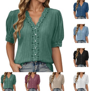 Blusa con V collo - Top estivo - Tunico libero - Elegantemente/casualmente - Dimensioni grandi - Respirabile e soffice - Maglietta