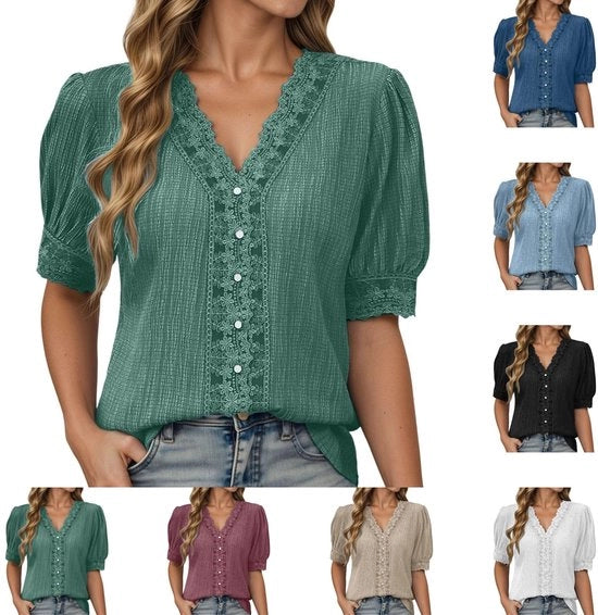 Blusa con V collo - Top estivo - Tunico libero - Elegantemente/casualmente - Dimensioni grandi - Respirabile e soffice - Maglietta