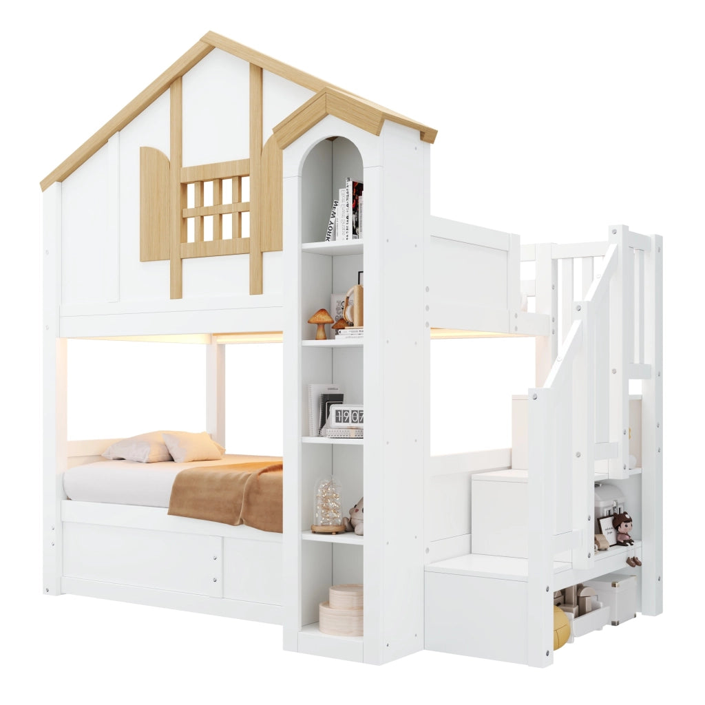 Letto a castello 90x200 cm con letto inferiore sollevabile; scala contenitore; LED; bianco