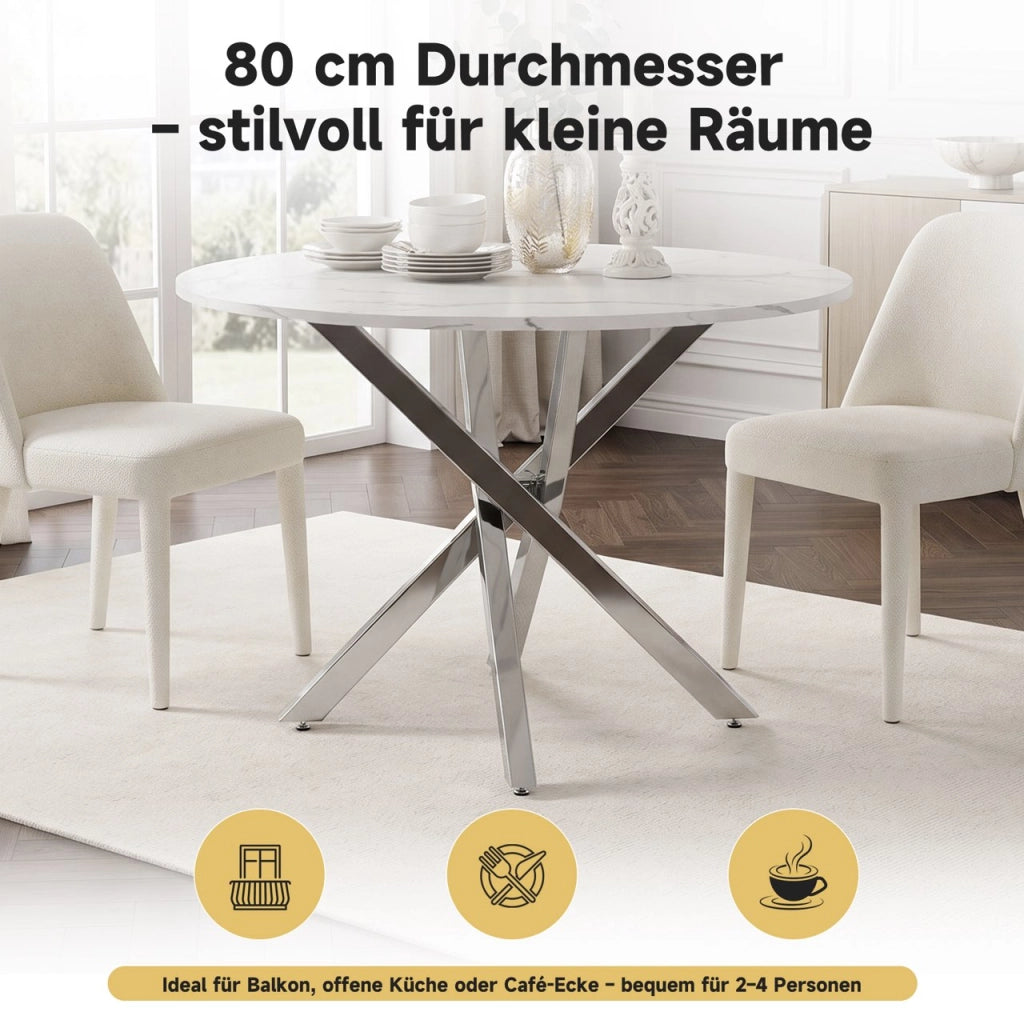 Tavolo da pranzo rotondo con piano effetto marmo e gambe cromate per cucina e soggiorno bianco argento 80 × 80 × 75 cm