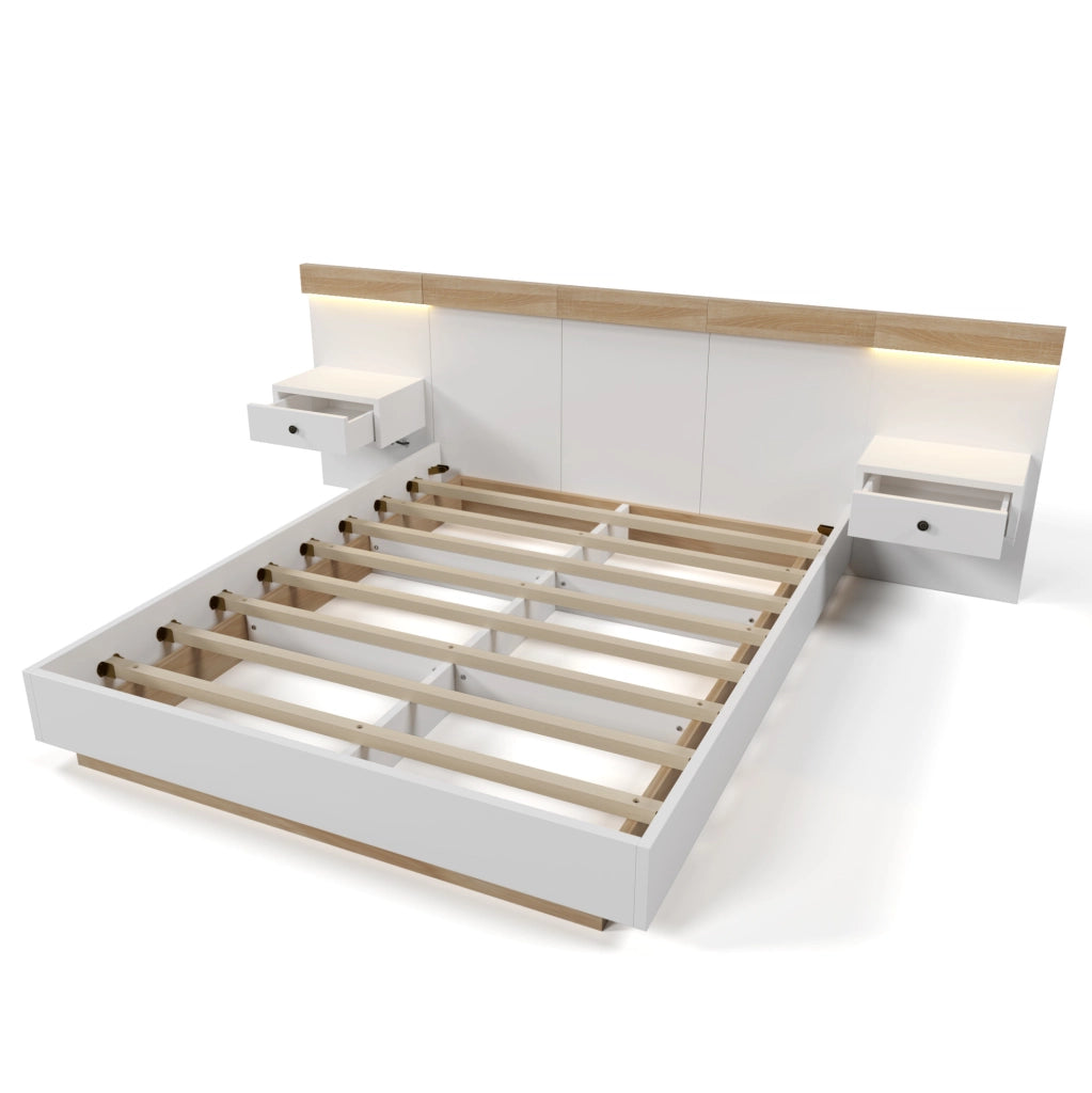 Letto matrimoniale 180x200 cm con 2 comodini LED, USB/Type-C, finitura Sonoma rovere e bianco