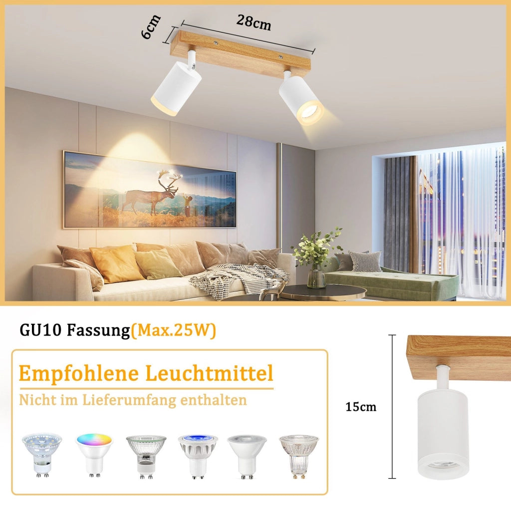ZMH Faretto da soffitto LED 2 fiamme GU10 plafoniera in legno-acrilico orientabile a 350° per soggiorno