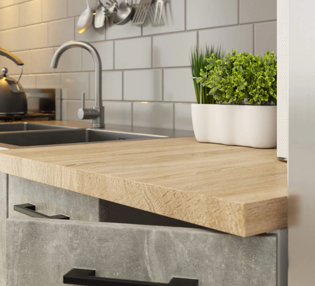 AKORD Set di Mobili da Cucina OLIWIA 180 cm Bianco 180 cm 7 ante 1 cassetto inserto frontale Cemento 180x46x203 cm