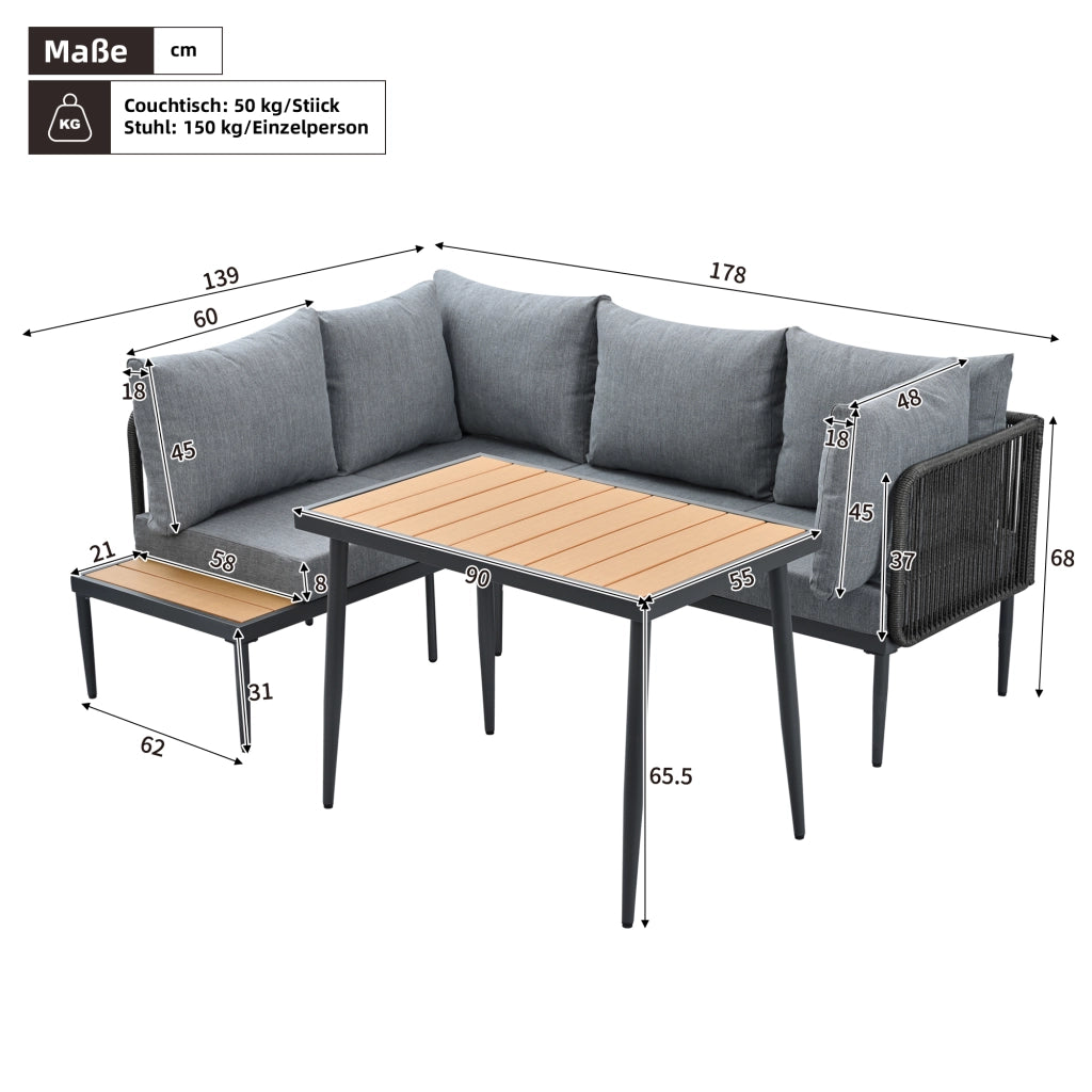 OKWISH Set di 2 Mobili da Giardino con Divano ad Angolo e Tavolo da Pranzo, per Esterno, Acciaio Zincato e Olefina Grigio