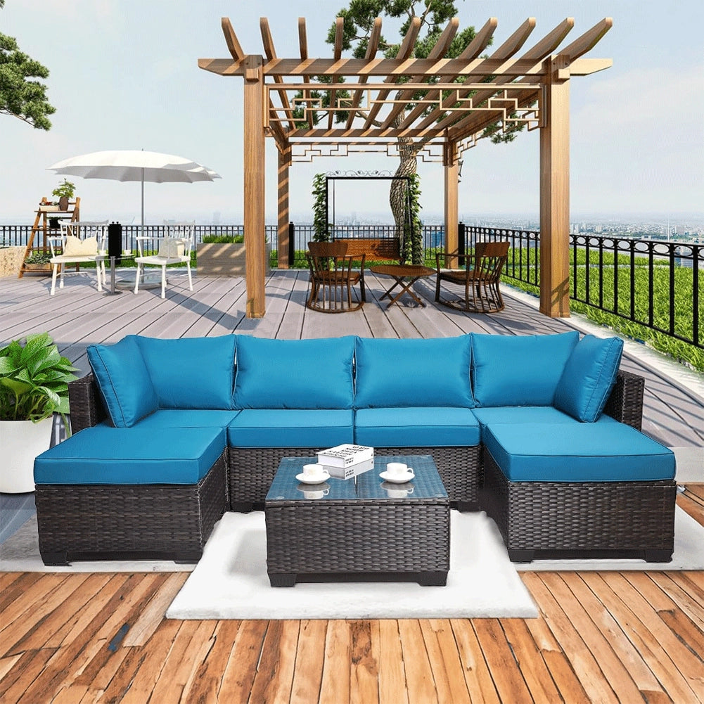 Set Patio Divano Modulabile da Esterno in Polyrattan con Cuscini Blu da Giardino