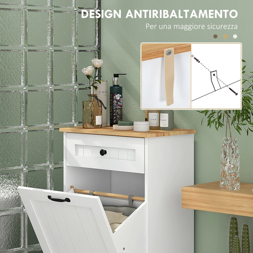 Mobiletto da Bagno Portabiancheria Cesto a Ribalta e Cassetto 52x33x90 cm Bianco
