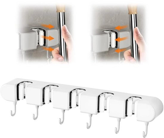 Sostegno per Asse da Parete con 5 Viti - Montaggio a Parete - 6 Ganci - Antiscivolo in Silicone - Supporto Multifunzionale per Asse da Pulire - Per Attrezzi da Giardino - Supporto per Attrezzi