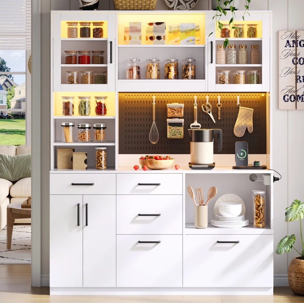 Credenza da cucina 145 x 40 x 185 cm bianca con LED e prese integrate