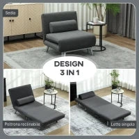Poltrona Letto 3 in 1 con Schienale Regolabile e Cuscino in Tessuto Effetto Lino, Grigio Scuro
