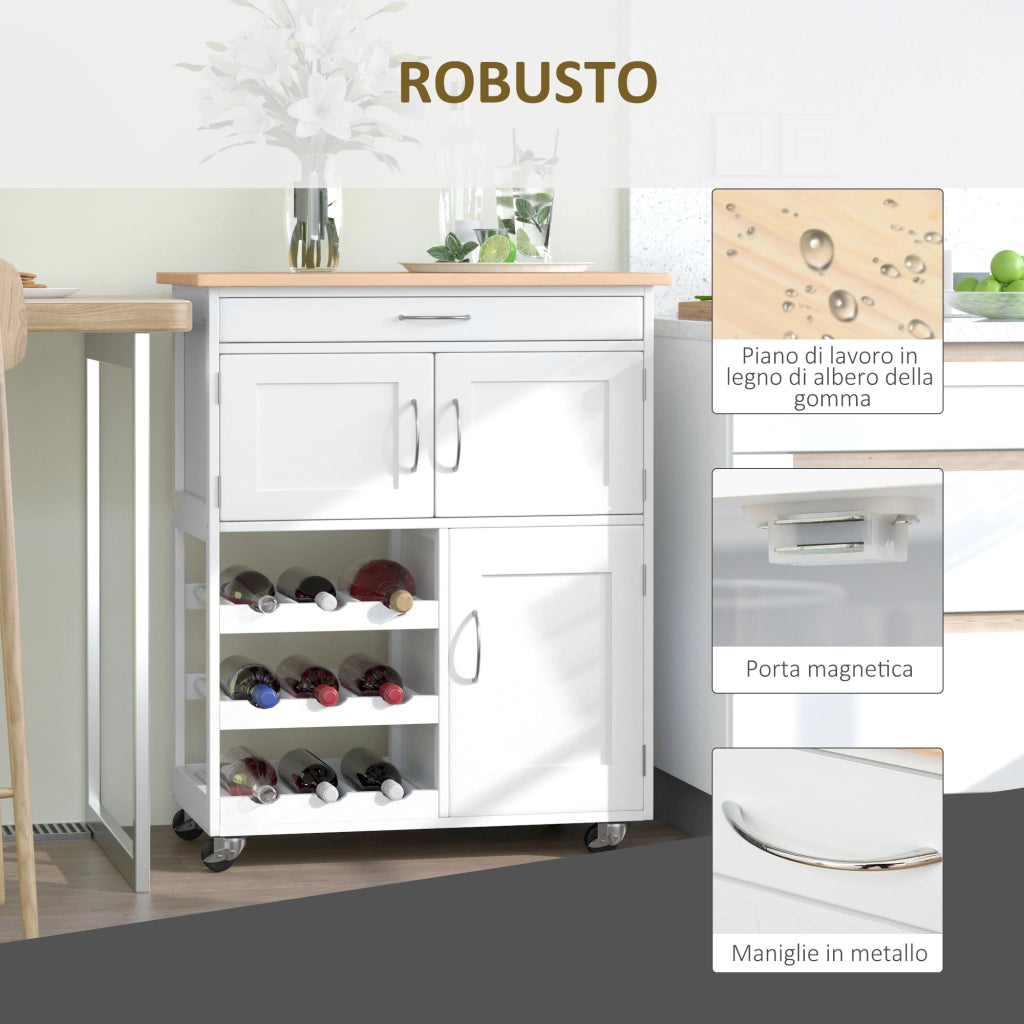 EasyComfort Carrello Cucina con Portabottiglie, 3 Ante, 4 Ruote e Cassetto, Mobiletto Cucina Salvaspazio per Microonde e Spezie in Legno, 67x37x87 cm, Bianco e Rovere